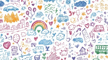 Childlike doodles and drawings scattered on white background