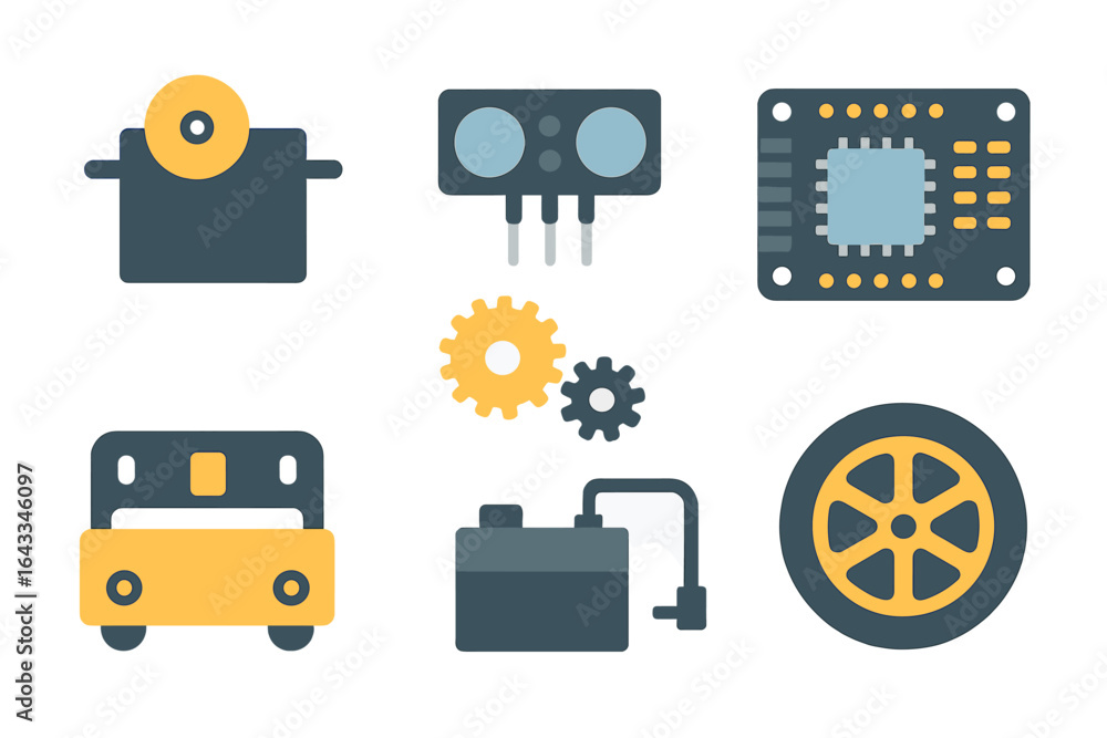 Poster various mechanical components and electronics displayed in a creative abstract layout with simple de
