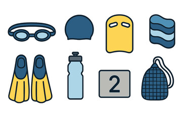 Swimming gear and accessories layout for a training session at the pool