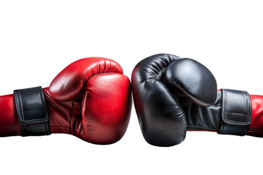 Red and black boxing gloves facing each other isolated on transparent background, symbolizing competition, combat sports, and the intensity of a boxing match