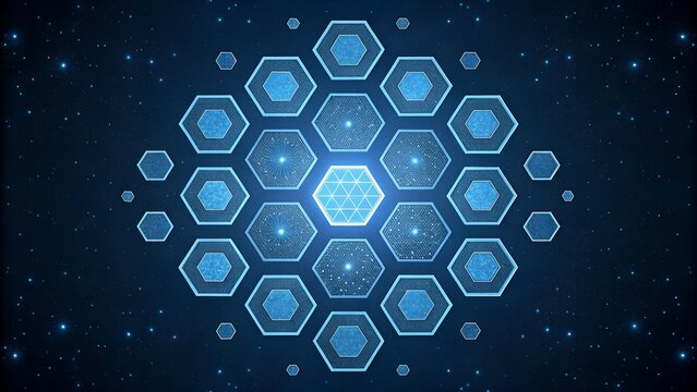 Floating blue hexagons in dark void geometric array.