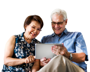 Senior couple png using tablet, transparent background
