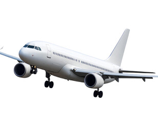 A commercial airplane in flight, isolated on a transparent background.