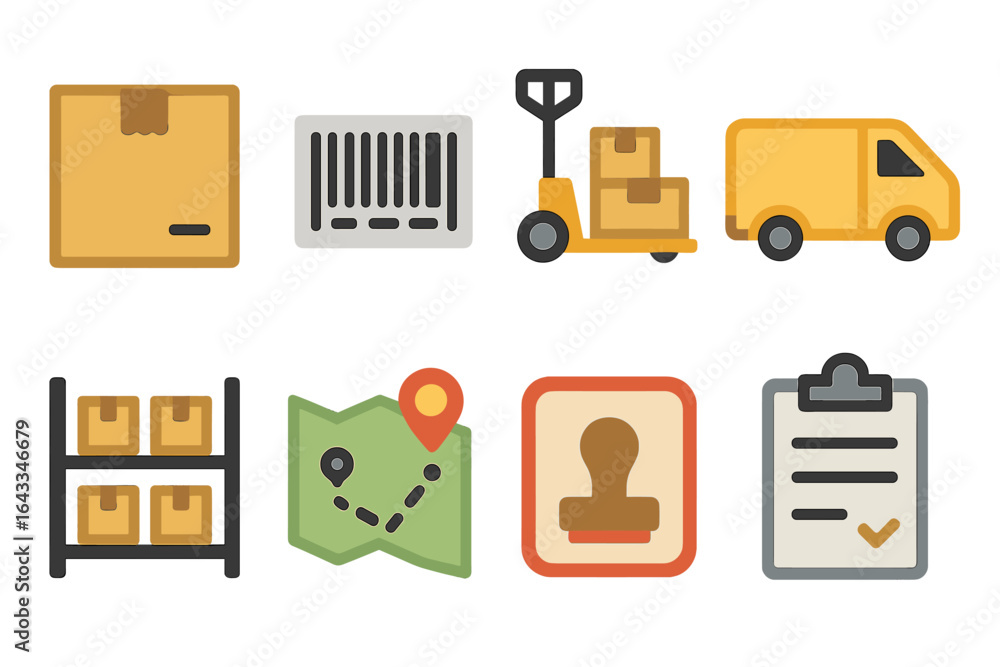 Poster Visual elements showcasing logistics icons for shipping and inventory management in a streamlined design