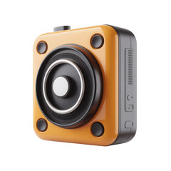 Compact orange square action camera with wide angle lens and multiple mounting points isolated on transparent background