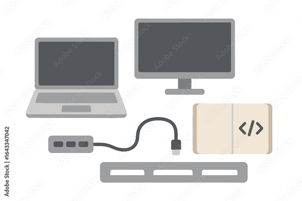 Poster digital workspace setup featuring laptop, monitor, coding book, and power strip arranged neatly on a