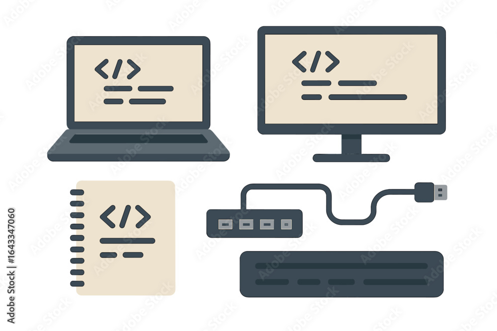 Poster digital workspace featuring laptop and desktop with code, notebook, and usb port