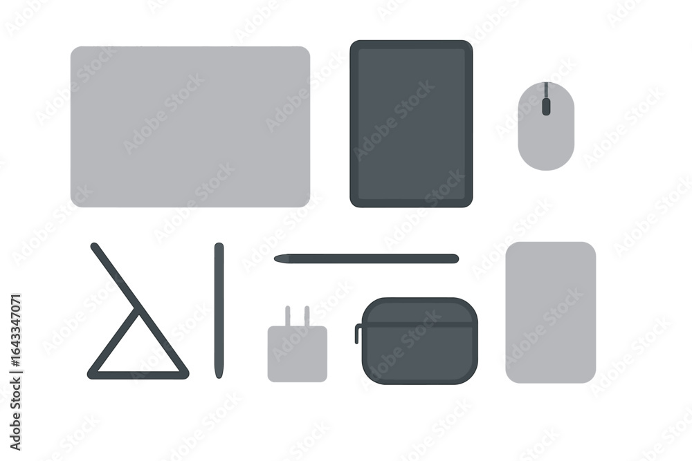 Poster tech gadgets and accessories arranged neatly on a workspace