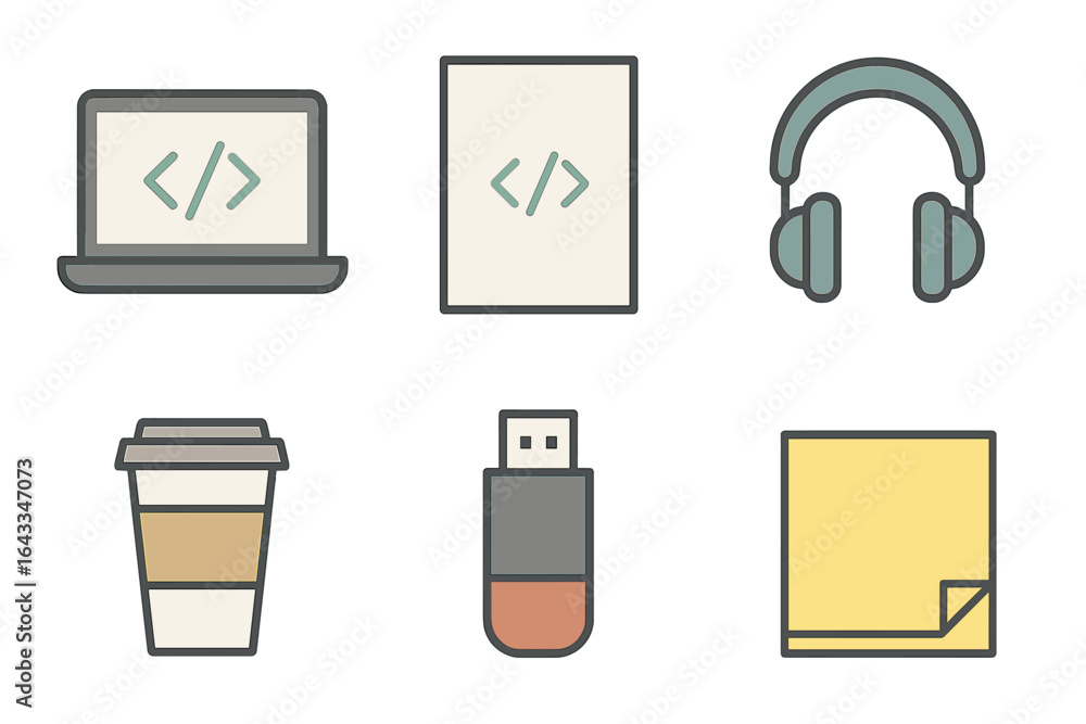 Poster working tools for a software developer include laptop, coffee, and headphones during afternoon codin