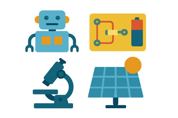Obraz premium Exploring technology and innovation through robotics, circuitry, solar energy, and microscopy in a digital landscape