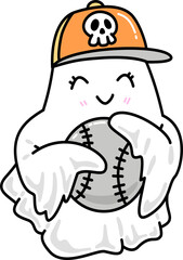 Hand-Drawn Halloween Ghost Wearing Baseball Cap Holding Ball