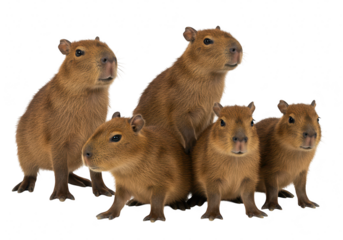 A group of five adorable baby capybaras, the worlds largest rodents, sitting and looking forward, isolated on transparent background