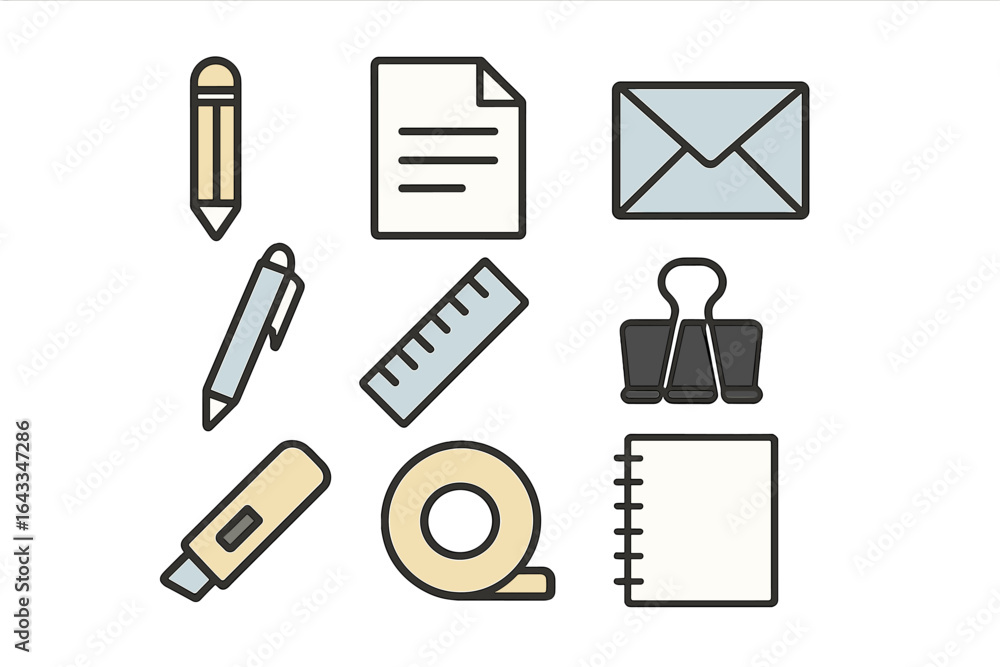 Poster office supplies arranged in a creative layout for organization and productivity on a workspace table
