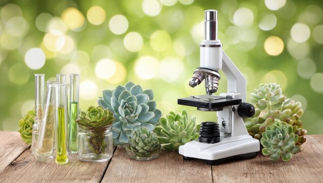Succulents, microscope, & test tubes on a wooden table, bokeh background