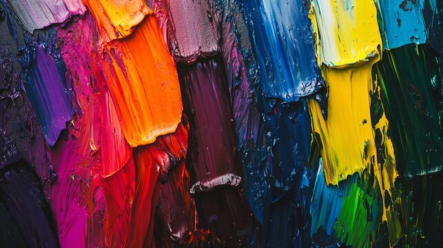 Abstract painting featuring a vibrant spectrum of thick, textured brushstrokes on canvas