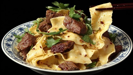 Stir-fried noodles with beef, garnished