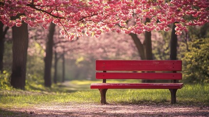 serene park bench amidst blooming cherry blossoms offering a tranquil escape into nature's beauty with vibrant pink flowers and lush green surroundings inviting contemplation and relaxation