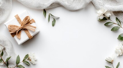 White gift box with jute ribbon and white flowers.