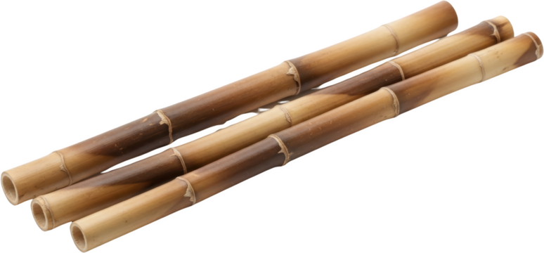 Three hollow bamboo stalks with natural segmented texture and varying shades of brown isolate wood plant