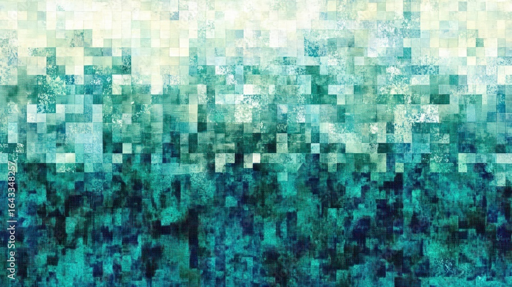 Poster abstract teal and white pixelated mosaic with textured gradient