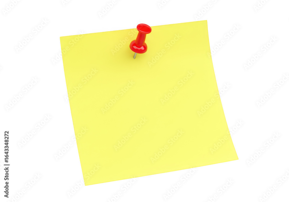 Poster yellow sticky note with a red push pin, isolated on transparent background