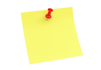 Yellow sticky note with a red push pin, isolated on transparent background