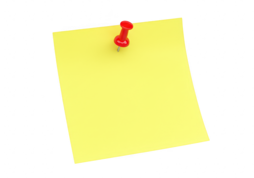 Yellow sticky note with a red push pin, isolated on transparent background