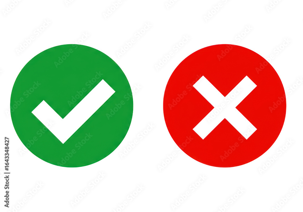 Poster green check mark and red cross symbol isolated on transparent background, representing correct and i