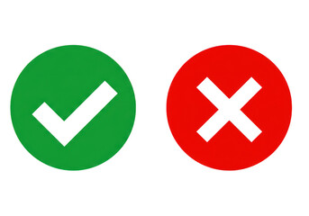 Green check mark and red cross symbol isolated on transparent background, representing correct and incorrect choices, yes and no options, or approval and rejection