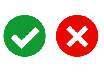 Green check mark and red cross symbol isolated on transparent background, representing correct and incorrect choices, yes and no options, or approval and rejection