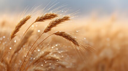 Golden wheat ears with morning dew drops in sunlight, soft focus agricultural field background creates dreamy atmosphere for harvest season designs.