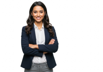Confident young business woman with dark hair, wearing a dark blazer and grey pants, smiling with arms crossed, isolated on transparent background