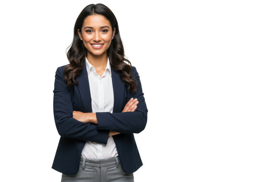 Confident young business woman with dark hair, wearing a dark blazer and grey pants, smiling with arms crossed, isolated on transparent background