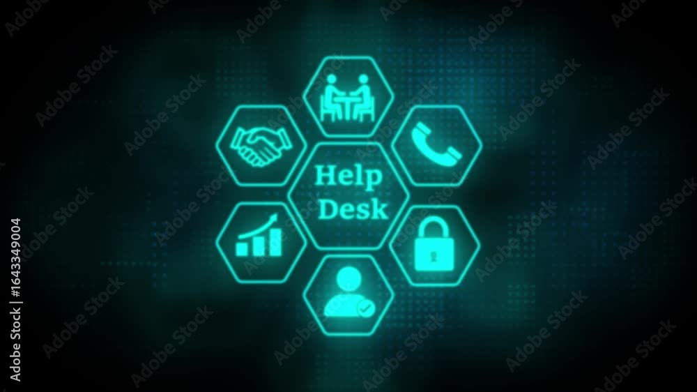 Poster a glowing sky blue hexagonal interface highlights the concept of help desk,