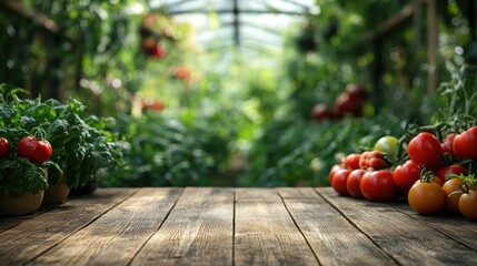 rustic wooden surface with a backdrop of lush tomato plants thriving in a greenhouse, presenting an inviting space for culinary presentations and agricultural themed visuals