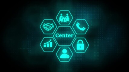 A glowing sky blue hexagonal interface highlights the concept of "Center," symbolizing collaboration, unity, and productivity in a futuristic digital environment with tech-inspired visuals. - Powered by Adobe