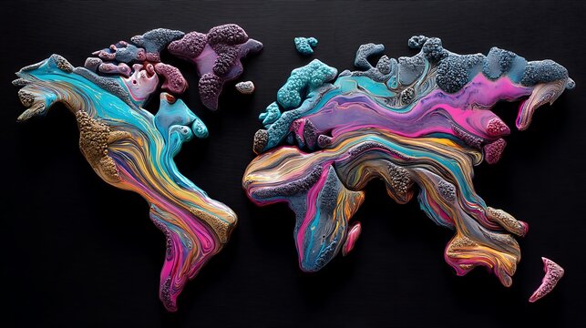 Abstract oil spill world map art, a powerful visual representation of oil spill patterns forming a global map, highlighting the environmental consequences.