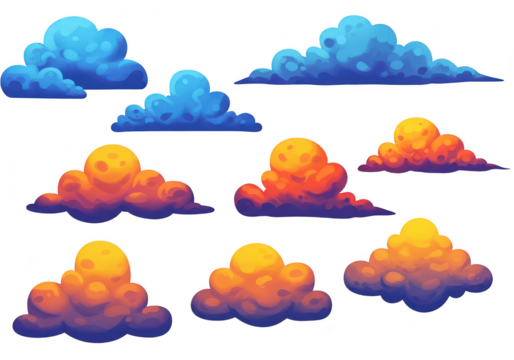 Collection of stylized cartoon clouds in various shades of blue and orange, isolated on a transparent background