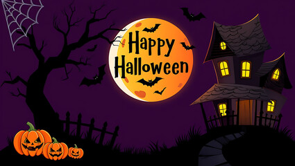 Spooky Halloween scene with haunted house and pumpkins