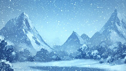 Snowy mountain range under falling snow