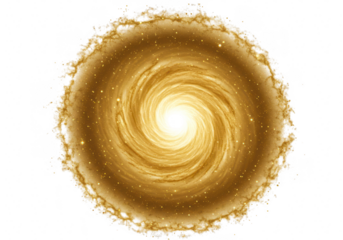 A vibrant golden spiral galaxy with a bright glowing center, isolated on a transparent background, representing the vastness of the universe and cosmic creation