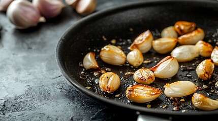 Garlic cloves caramelized in pan, minimal kitchen backdrop