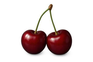 Glossy red cherries with verdant stems, nestled together, floating against transparent backdrop, ideal for culinary imagery
