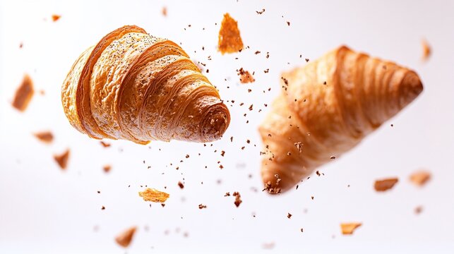 Two golden croissants levitating in mid-air with crumbs floating around them against a white background