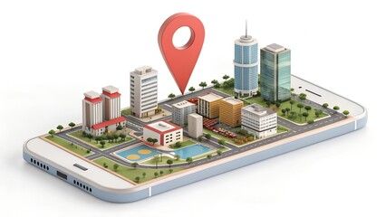  Geofencing technology. A stylized, miniature city model with a large geo pin prominently placed. The use of geofencing in urban areas for marketing, security, and logistics. Generative AI.