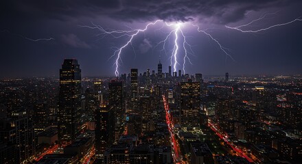 Lightning Storm Over City Skyline at Night