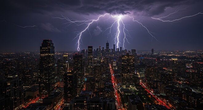 Lightning Storm Over City Skyline at Night