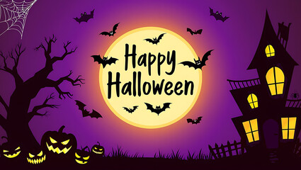 Halloween night with haunted house and full moon spooky