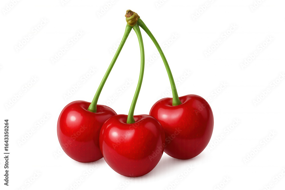 Poster three shiny red cherries with green stems are isolated on a transparent background, ready for use in