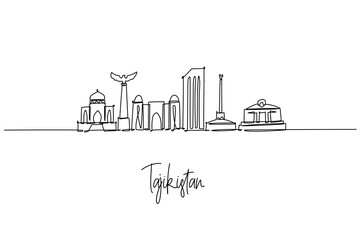 Obraz premium Tajikistan city skyline illustrated as a continuous line drawing, merging monuments, arches and modern towers of Dushanbe. A travel design concept with a Central Asia theme highlighting buildings.